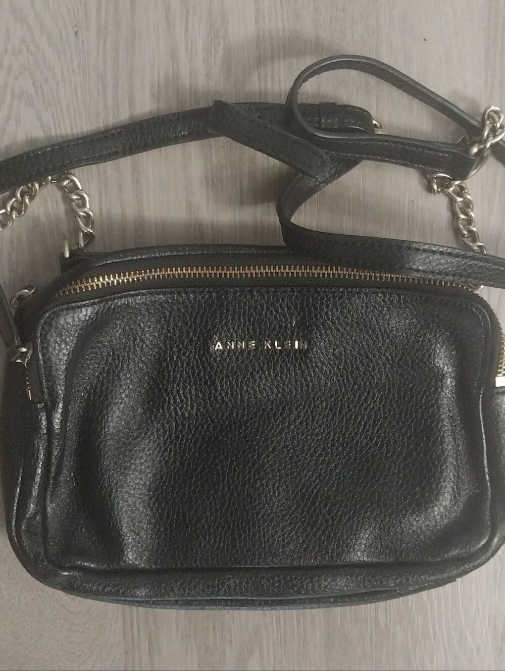 Anne Klein Black Pebbled Leather Crossbody with Gold Chain Strap